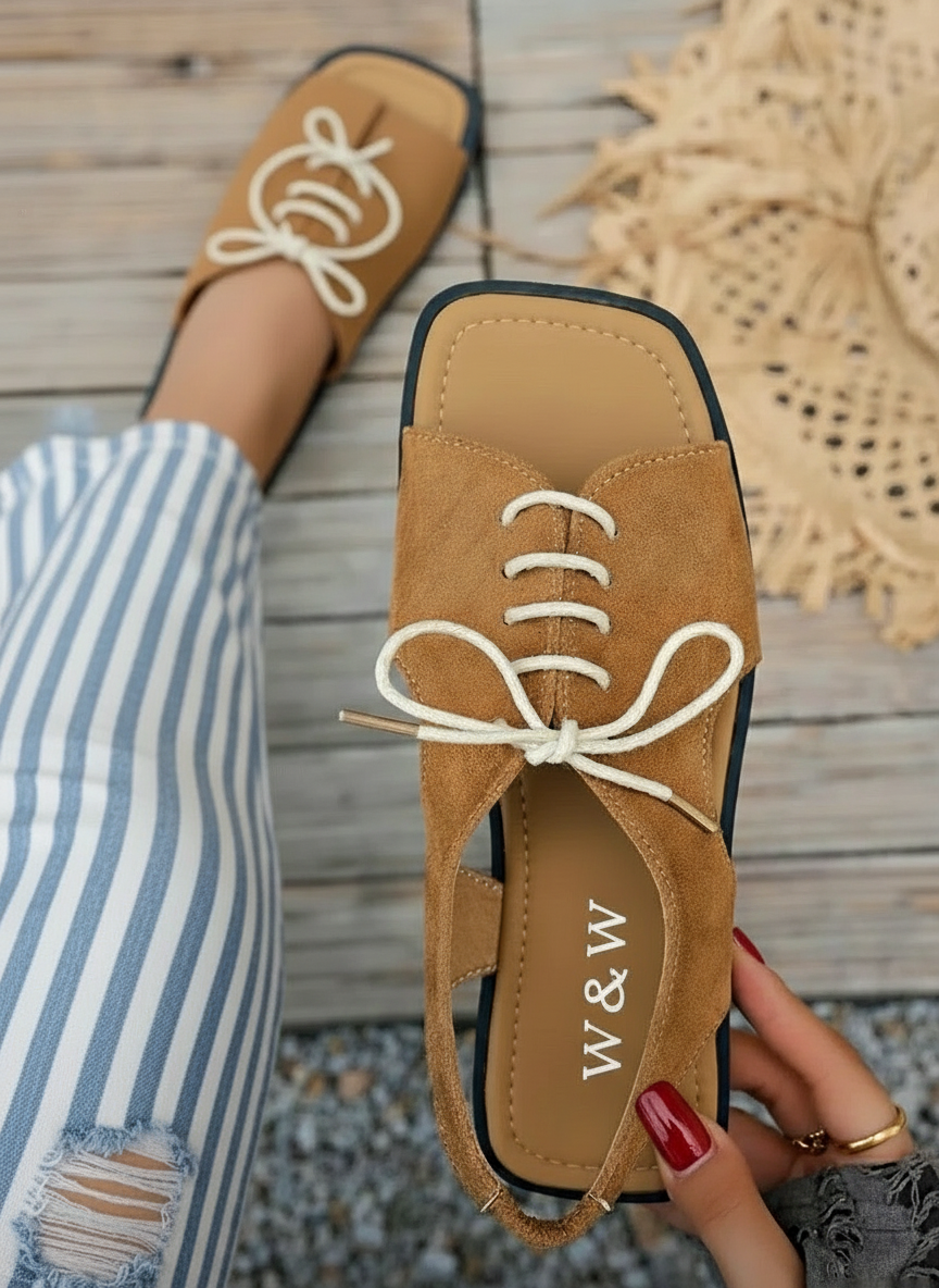 W&W Suede Lace-Up Open Toe Flat Sandals