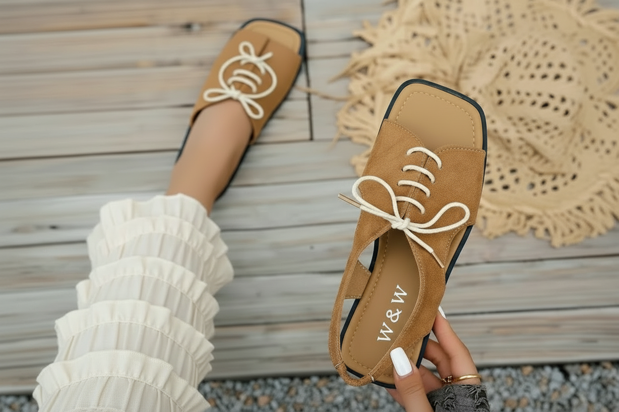 W&W Suede Lace-Up Open Toe Flat Sandals