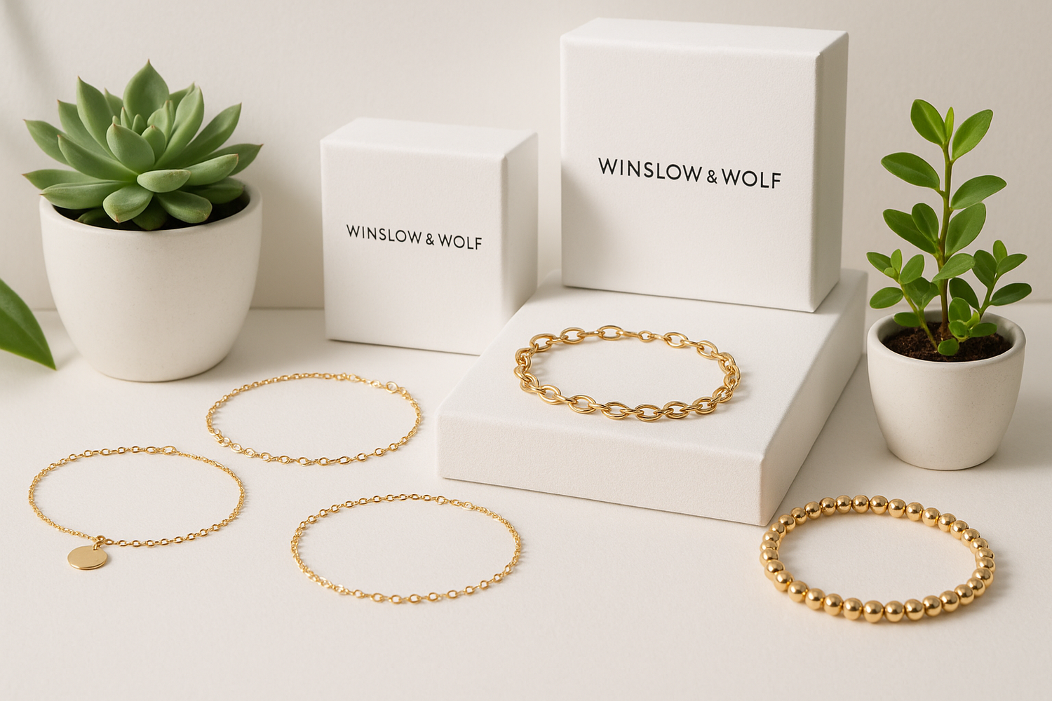 Winslow & Wolf Bracelets with white boxes and plants 